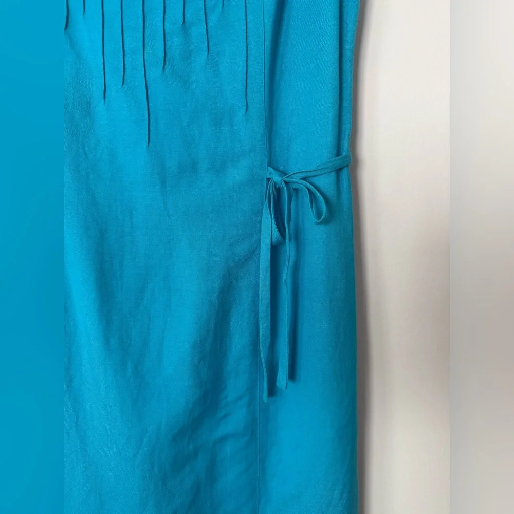 Vintage 80s 90s Adriana Papell Turquoise Fitted Linen Side Tie Gorgeous Dress - Picture 5 of 15